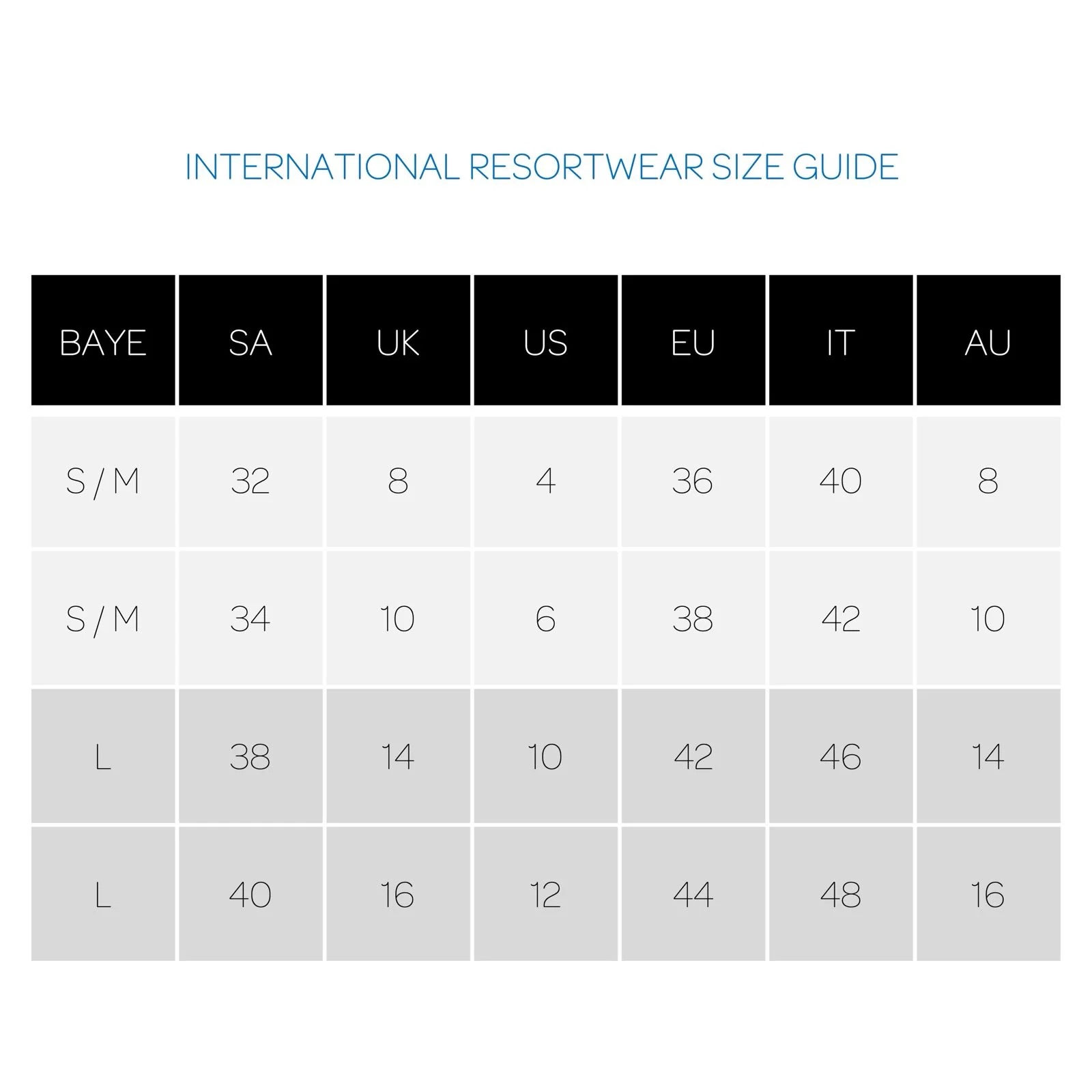 size guide resort